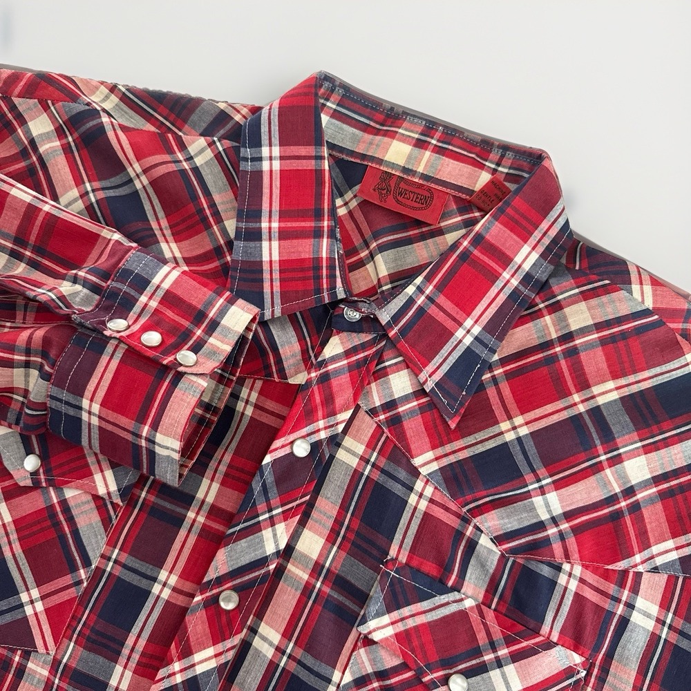 Vintage Western Sz 17 34/35 Pearl Snap Red Plaid Button Down Long Sleeve Shirt